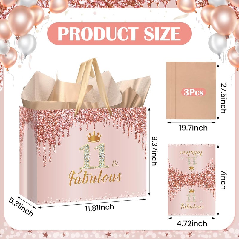 Yoirrat Rose Gold 11 & Fabulous 11th Birthday Gift Bag for Girls Large Pink Happy 11th Birthday Gift Bag with Wrapping Paper and Card for Eleventh 11 Years Old Bday Decorations Party Supplies - Image 3